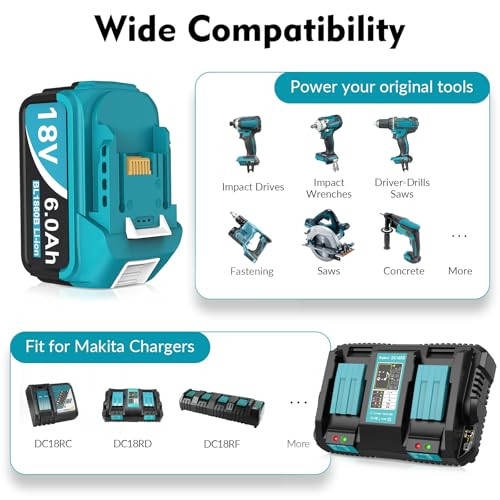 2Packs 6.0Ah Replacement for Makita Battery 18V with 2-Port Charger