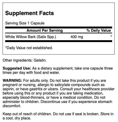 Swanson White Willow Bark 400 Milligrams 90 Capsules