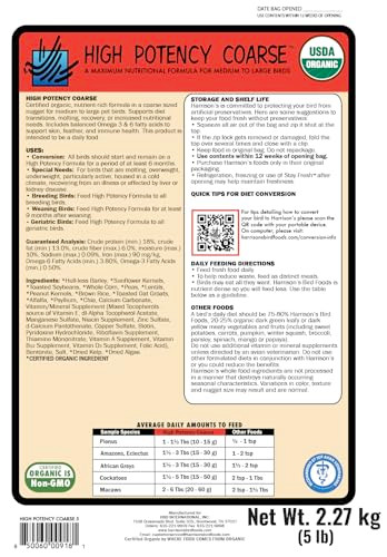Harrison's Bird Foods High Potency CoarseMaximum Nutritional Formula for Medium to Large Birds, Certified Organic