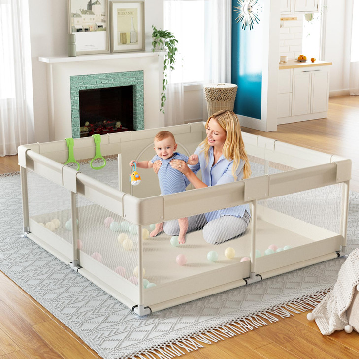Fodoss Baby Playpen, Upgrade Playpen for Babies and Toddlers, 47x47inch Beige Play Pen for Babies with Hand Pulling