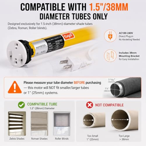 Smart Tuya WiFi Blinds Motor, AC100-240V Plug-in for 1.5"/38mm Shade Tubes, Compatible with Alexa/Google Home, APP &
