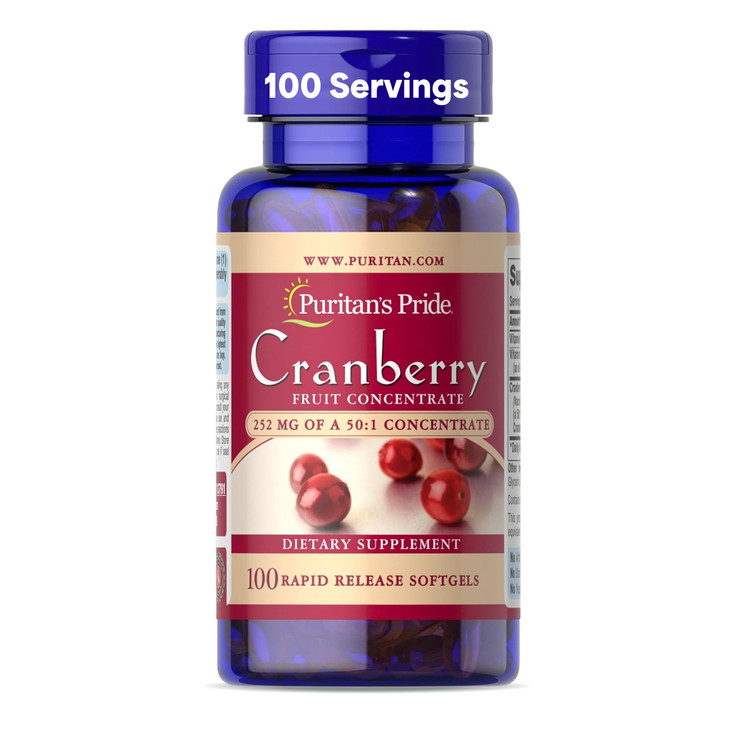 Puritan's Pride Premium Cranberry Fruit Concentrate 252mg (12,600mg Equivalent) with Vitamins C and E, Dietary Supplement for Immune System Support,