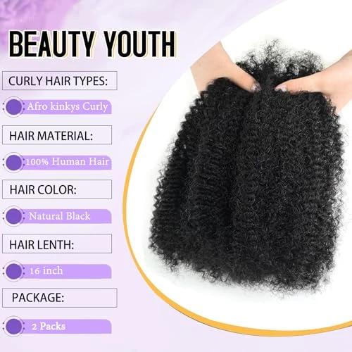 2 Bundles Afro Kinkys Bulk Human Hair Black Afro Kinky-Curly Human Hair Bundles 16 Inch for Dreadlock Extensions Locs