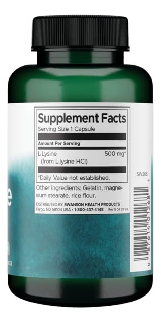 Swanson Amino Acid Free-Form L-Lysine 500 Milligrams 100 Capsules
