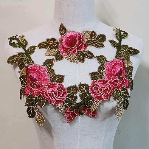 3 Pcs Beautiful Red Rose Flower Floral Collar Sew Patch Applique Badge Embroidery Dress Handmade Craft Ornament