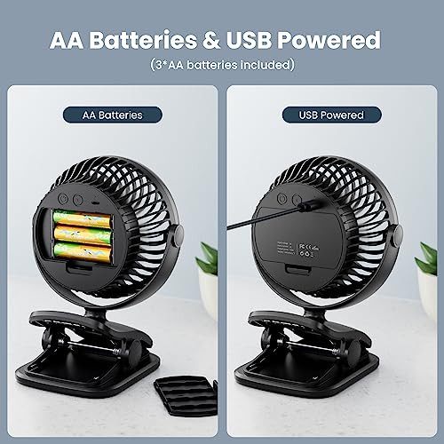 AA Battery Operated Clip on Stroller Fans, USB Powered Portable Desk Fan 4 Speeds Personal Golf Cart, Quiet, Small