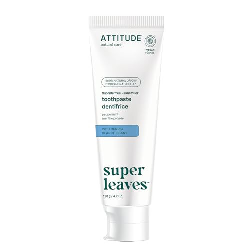 Attitude Whitening Fluoride-Free Toothpaste, Peppermint Flavor, Sugar-Free, Plant & Mineral-Based Formula, Vegan &
