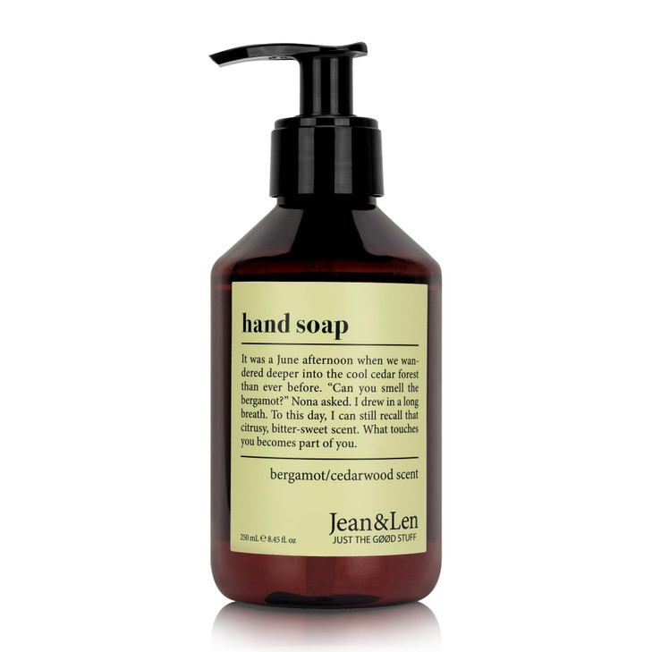 Jean & Len Hand Soap Rosemary & Ginger, gently cleanses stressed hands, suitable for daily use, liquid soap in pump