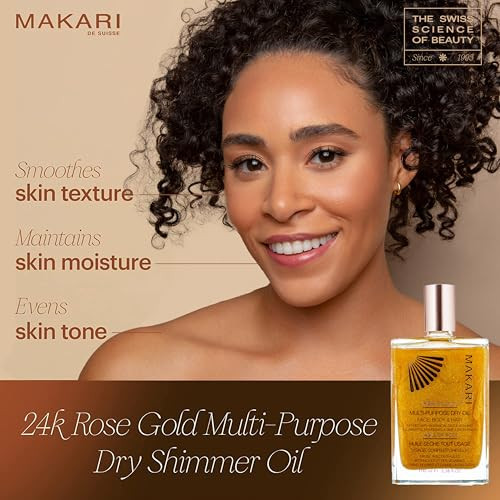 MAKARI 24K Rose Gold Multi-Purpose Dry Shimmer Oil (3.38 fl oz) | Body Shimmer Oil for Face, Hair and Body | Shimmer