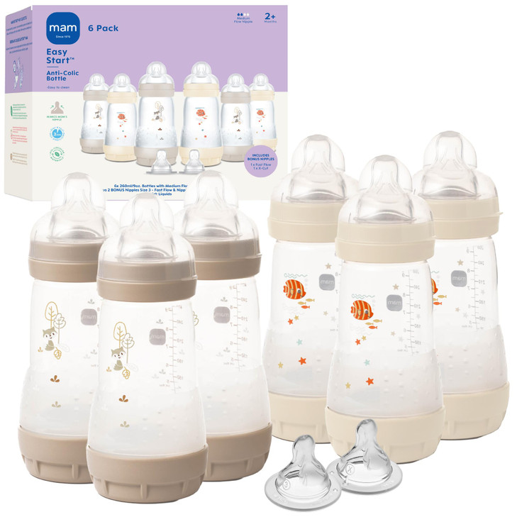 MAM 9oz Easy Start Anti-Colic Baby Bottles, Medium Flow, Breastfeeding-Like Silicone Nipple, Reduces Colic, Gas, &