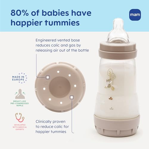 MAM 9oz Easy Start Anti-Colic Baby Bottles, Medium Flow, Breastfeeding-Like Silicone Nipple, Reduces Colic, Gas, &