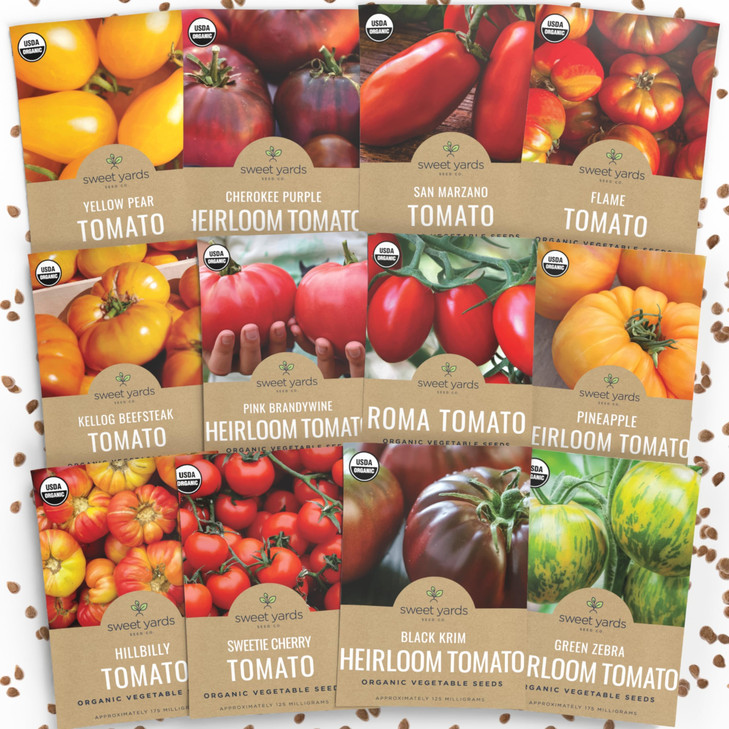 Organic Tomato Seeds Variety Pack - 12 Individual Packs - 2026 Season - Roma, Cherry, Black Krim, Yellow Pear,