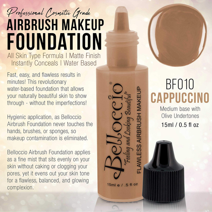 Belloccio's Professional Cosmetic Airbrush Makeup Foundation 1/2oz Bottle: Cappuccino- Medium with Olive Undertones