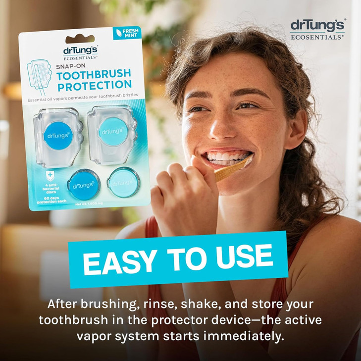 Dr. Tung's Snap-On Toothbrush Cover Caps 2 Count - Toothbrush Head Cover, Travel Case, 60 Days Protection Each, Comes with 4 Deodorizing Discs - Asso