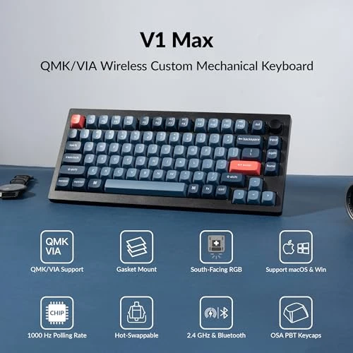 Keychron V1 Max 75% RGB Custom Mechanical Keyboard, 2.4Ghz/Bluetooth 5.1/Wired QMK/VIA Programmable Macro,
