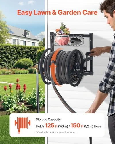 VEVOR Wall Mounted Garden Hose Reel, Holds 125 ft 5/8-inch Hose, Heavy-Duty Water Hose Winder, Space-Saving Design,