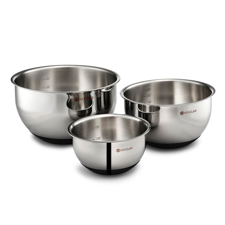 HexClad 3 Piece Stainless Steel Mixing Bowl Set with Vacuum Seal Lids