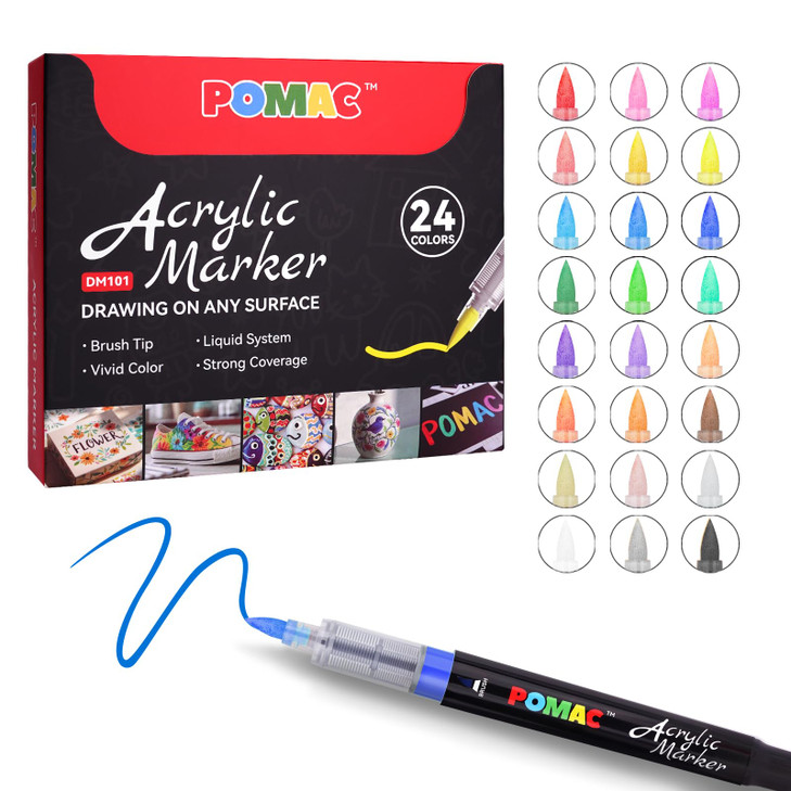 POMAC Liquid Acrylic Paint Markers 24 Colors, Waterproof Paint Marker Pens Brush Tip No-Bleed for Fabric, Canvas,