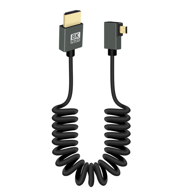 RIIEYOCA 90 Degree 8K Short Micro HDTV to HDTV Coiled Cable,Down Angle Micro Male to Male Cable,48Gbps HDTVs2.0