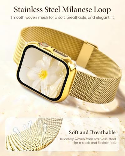 Waterproof Stainless Steel Milanese Band with Case Compatible for Apple Watch (Gold, 40mm-Series 6 5 4 SE)
