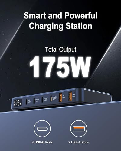 175W USB-C Charger, Ultra-Thin 6 Ports GaN Fast Charging Station
