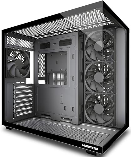 MUSETEX Y6 PC Case, Pre-Installed 4 Non-LED Fans, ATX Mid Tower Case, Computer Case with Type-C, 270° Full View