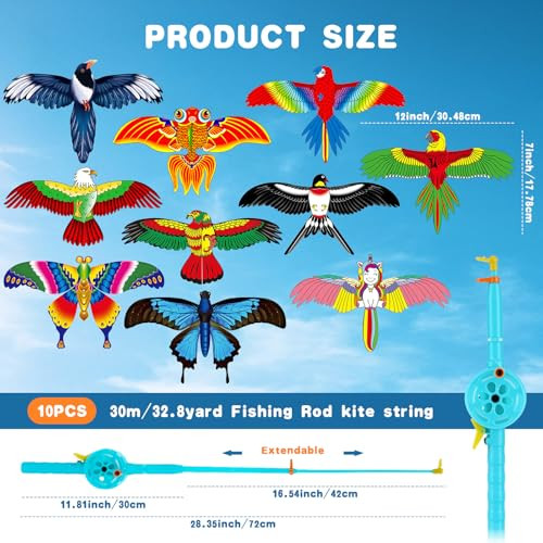 VioraWhite 10 Pcs Fishing Rod Kite for Kids, Vivid Butterfly Swallow Parrot, Easy to Fly, Swallows, Bald Eagles,