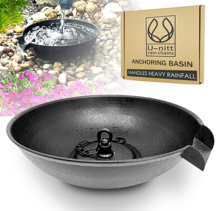 U-nitt 12" Spill Bowl Downspout Catch Basin for Rain Chain Anchoring & Stake | Rainwater Collection for Roof |Gutter