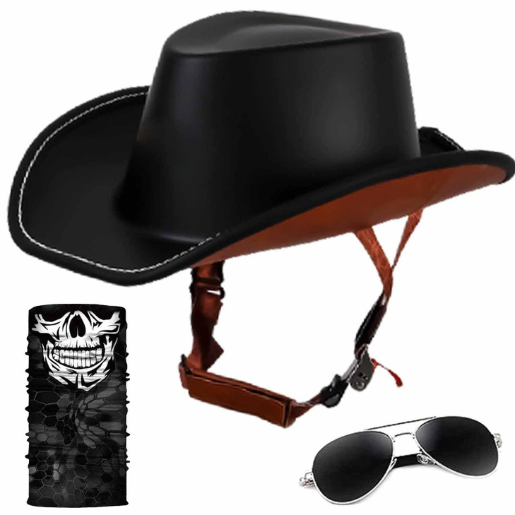 GYLRFAN Retro Motorcycle Half Helmet, Western Cowboy Hat Helmet Open Face DOT Approved Unisex-Adult with Quick Release