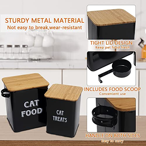 Pethiy Cat Food and Treats Containers Set with Scoop for Cats or Dogs -Tight Fitting Wood Lids - Coated Carbon Steel -