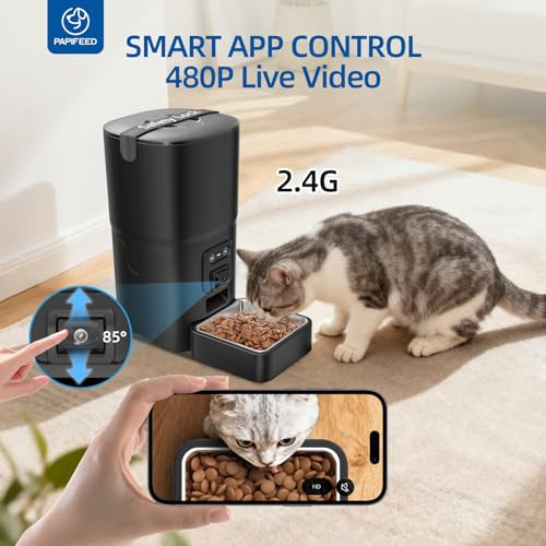 PAPIFEED Automatic Cat Feeder with Camera, 6L Cat Food Dispenser with App, 2.4G WiFi Timed Cat Feeder for Dry Food,