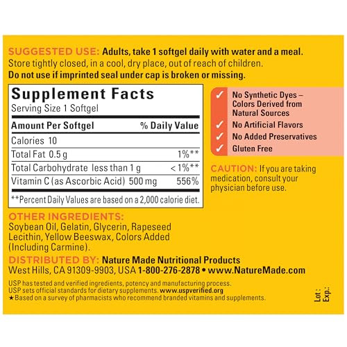 Nature Made Vitamin C 500 mg, Dietary Supplement for Immune Support, 60 Softgels, 60 Day Supply
