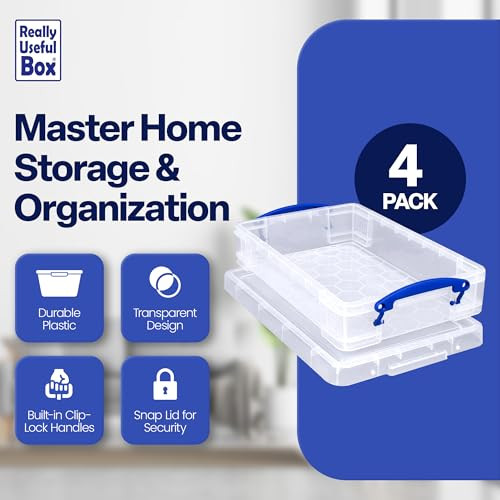 Really Useful Box 4 Liter Plastic Stackable Storage Container w/Snap Lid & Built-In Clip Lock Handles for Home &