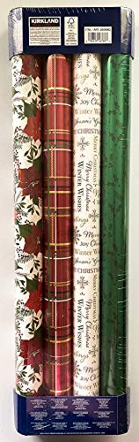 Kirkland Signature 4 Roll Christmas Gift Wrap 180 sq ft Total Poinsettia/Plaid/Off White/Green