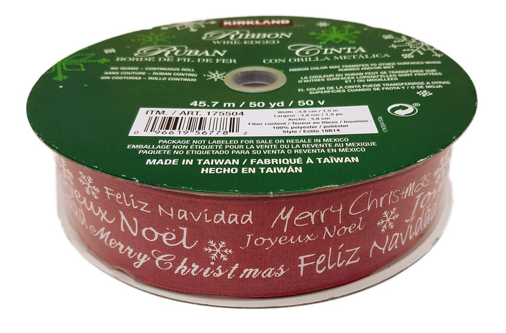Kirkland Red with White Letters of Christmas Greetings 50 Yards x 1.5 Wide Ribbon Wire Edge Premium