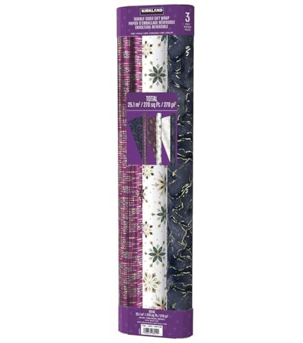 KIRKLAND 3 Roll Christmas Gift Wrap 270 sq ft Purple Pebble/White Flower/Indigo