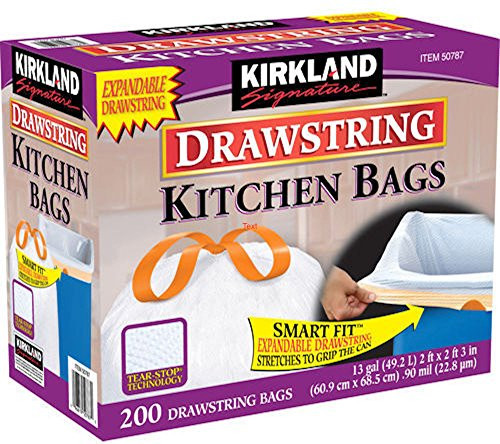 Kirkland Signature 13 Gallon 200 Ct Carton 100% recyclable Heavy Duty Drawstring Kitchen Trash Bags
