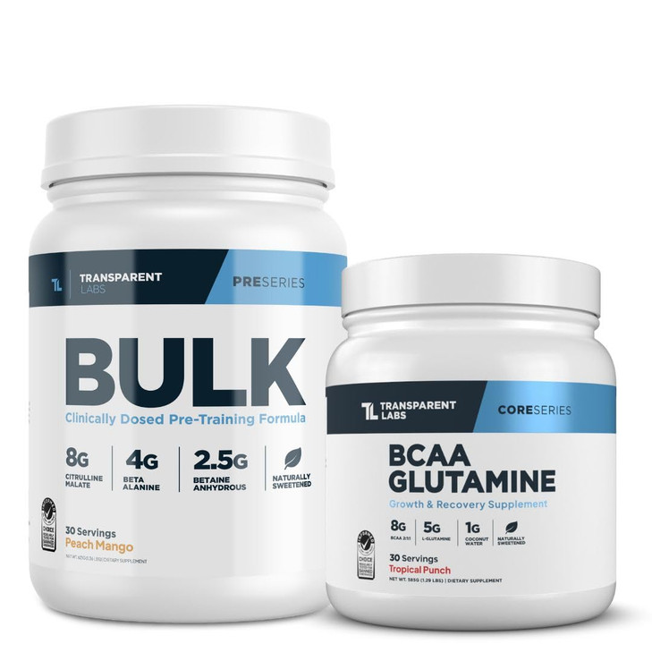 Transparent Labs Bulk Pre-Workout (30 Servings, Peach Mango) & BCAA Glutamine (30 Servings, Tropical Punch)