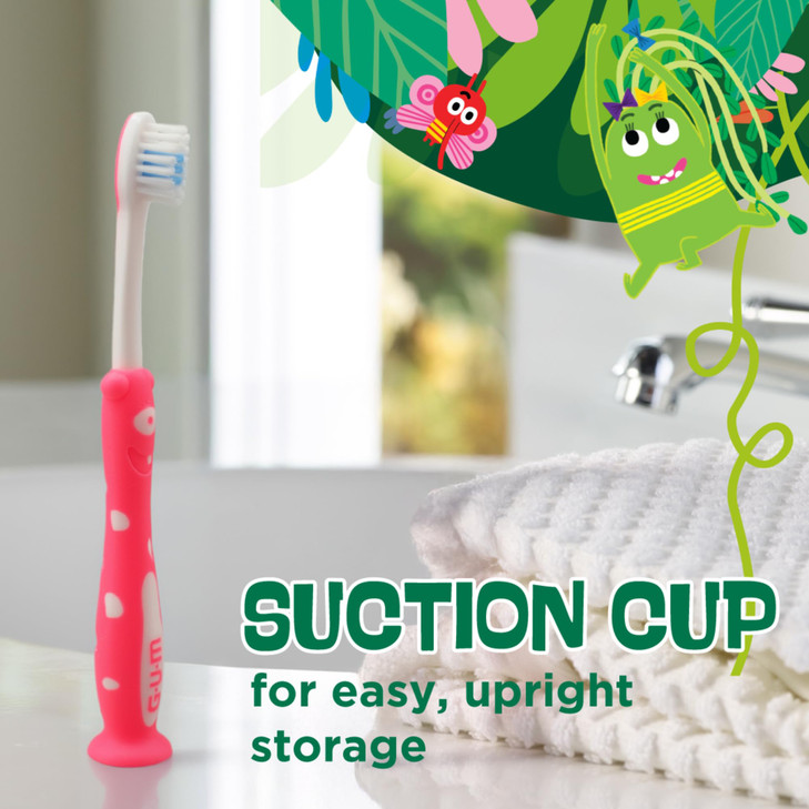 GUM Monsterz Children and Toddler Toothbrush, Soft Bristled Kids Toothbrush with Suction Cup, for Ages 2+, 2 Count(Pack of 6)