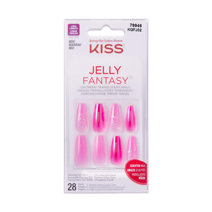 KISS Jelly Fantasy On-Trend Translucent Sculpted Nails, Long, Coffin, Jelly Baby, Durable, Easy To Apply, Includes Pink Gel Nail Glue, Mini Nail Fi