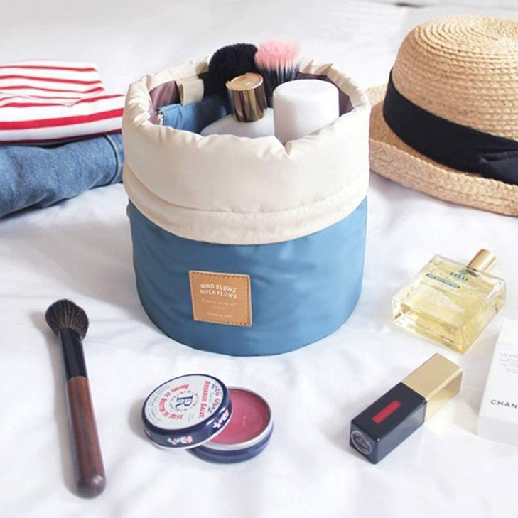 INVODA 2PCS Travel Cosmetic Bags Barrel Makeup Bag Portable Foldable Cases Multifunctional Toiletry Bucket Bags Round Bag Organizer (Blue+Red)