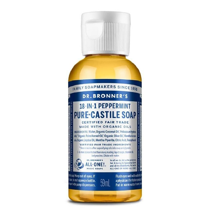 Dr. Bronner S Pure Castile Liquid Soap Peppermint Travel Size 2 Ounce Made With Organic Oils 18 In 1 Uses Face Body Hair Laundry Pets And