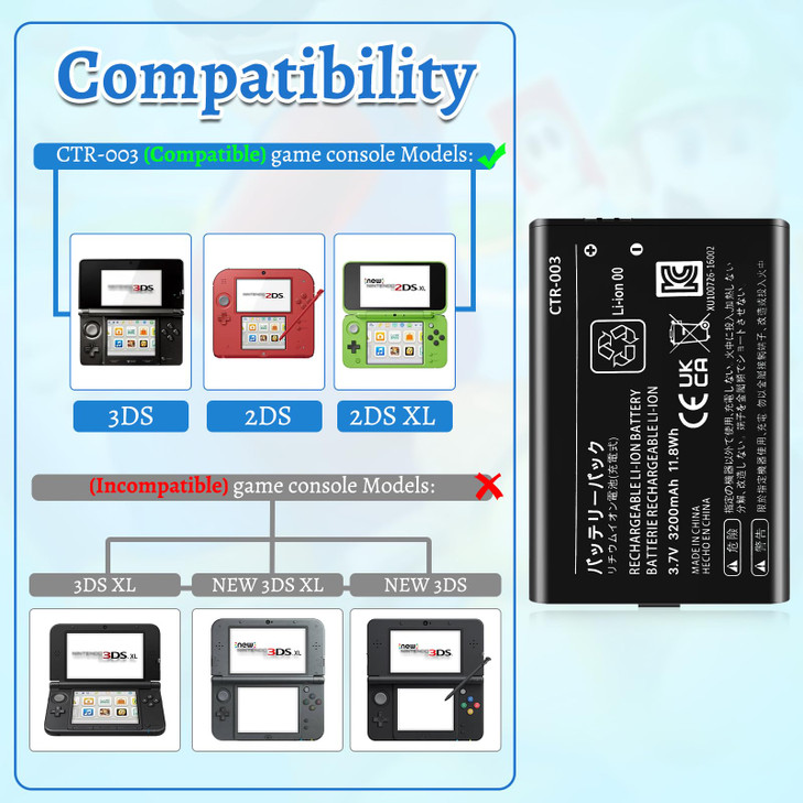 TQTHL 3DS Battery Pack [3200mAh] (2026 New Upgraded),CTR-003 Battery Compatible with Nintendo 3DS N3DS,2DS, 2DS XL CTR-001 MIN-CTR-001 Gaming Console