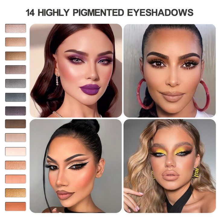 Youngfocus 14 Highly Pigmented Eyeshadows Blendable Natural Look Shimmer and Matte Eyeshadow Palette, 6 Natural Waterproof Eyebrow Powders, 3 Contour