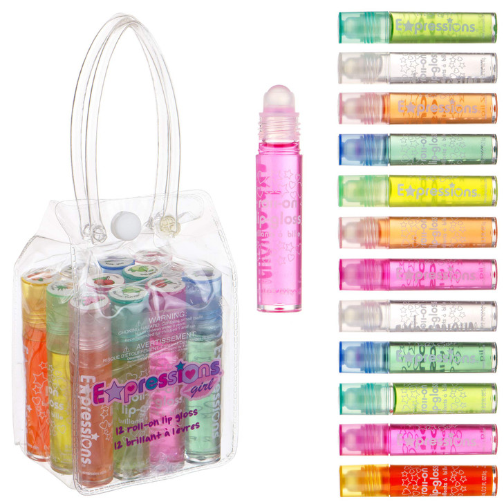 12Pc Roll On Lip Gloss Set With Carrying Case Fruity Non Toxic Glossy