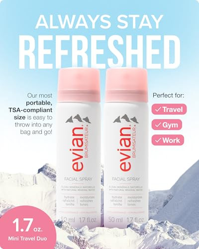 Evian Facial Spray 1.7 Oz Travel Duo Hydrating Mineral Water Mist For Face And Skin Refreshes Makeup And Tones Tsa Approved Mini Facial