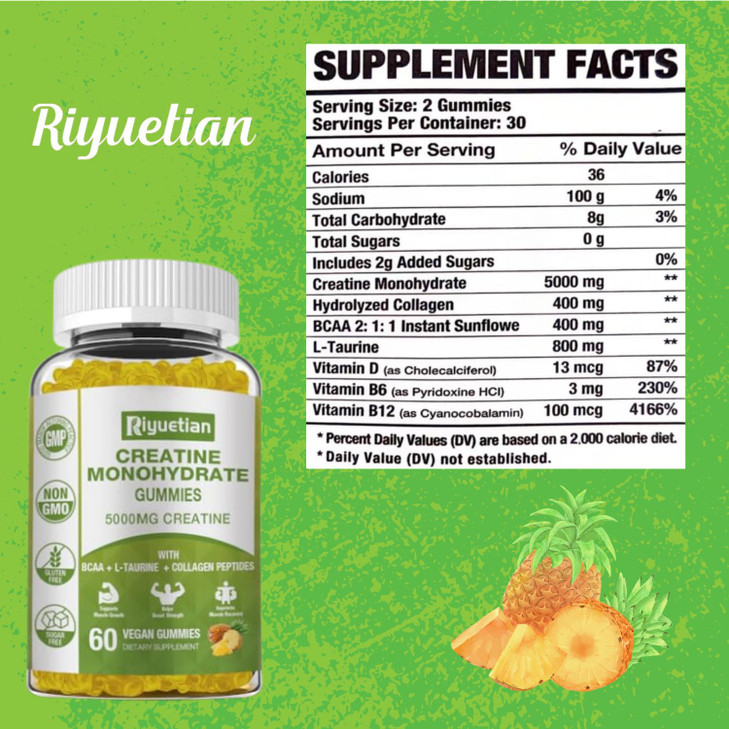 Riyuetian Creatine Monohydrate Gummies, Creatine for Men & Women, Chewable Creatine for Enhancing Focus and Endurance, 5g Creatine per Serving, Sugar