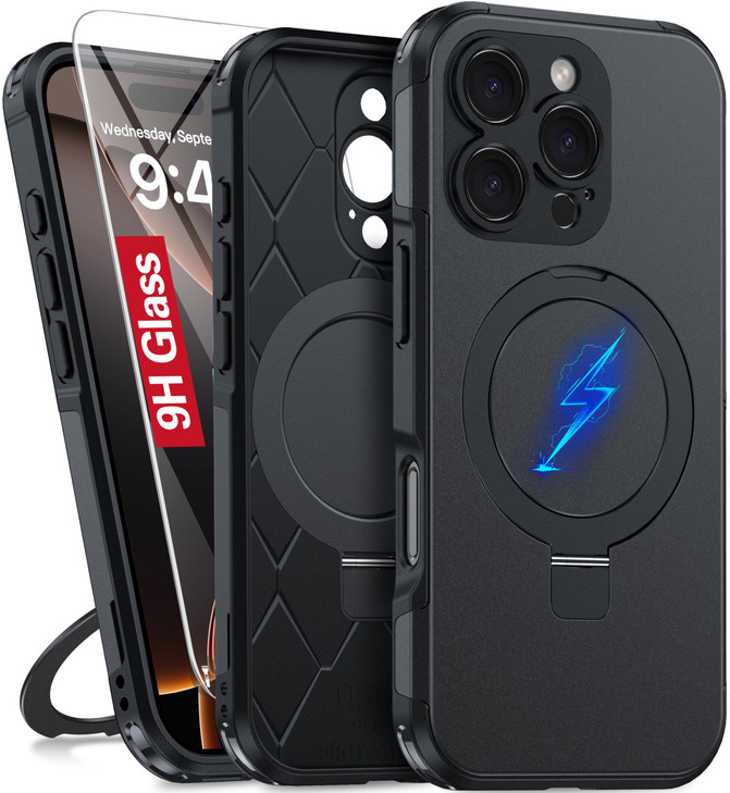 Oneagle Magnetic Stand for iPhone 16 Pro Case with 9H Screen Protector [Fit for MagSafe][Dual Layer][Invisible Metal Kickstand] Heavy Duty 12FT Milit