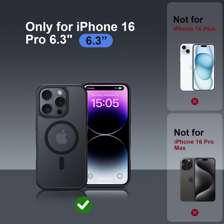 MANLENO Magnetic Case for iPhone 16 Pro Case [Compatible with MagSafe] Matte Slim Protective Phone Case Military Grade Drop Protection Cover (Black)