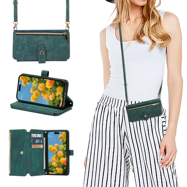 ZCDAYE for iPhone 16 Wallet Case with Strap, iPhone 16 Crossbody Case with Card Holder for Women, Zipper Leather Wristle Strap Flip Cover for iPhone